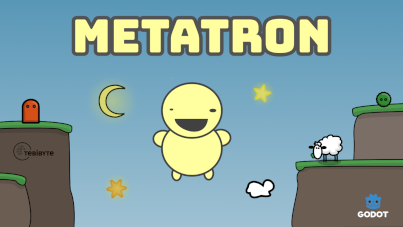 screenshot of the game Metatron, showing a landscape with platforms, clouds a tower and a sheep